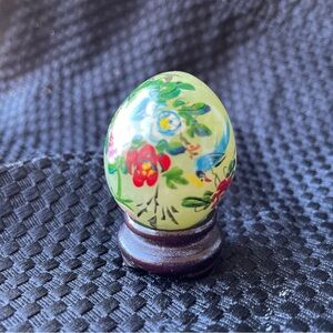 Hand-Painted Floral Jade Egg on Wooden Stand